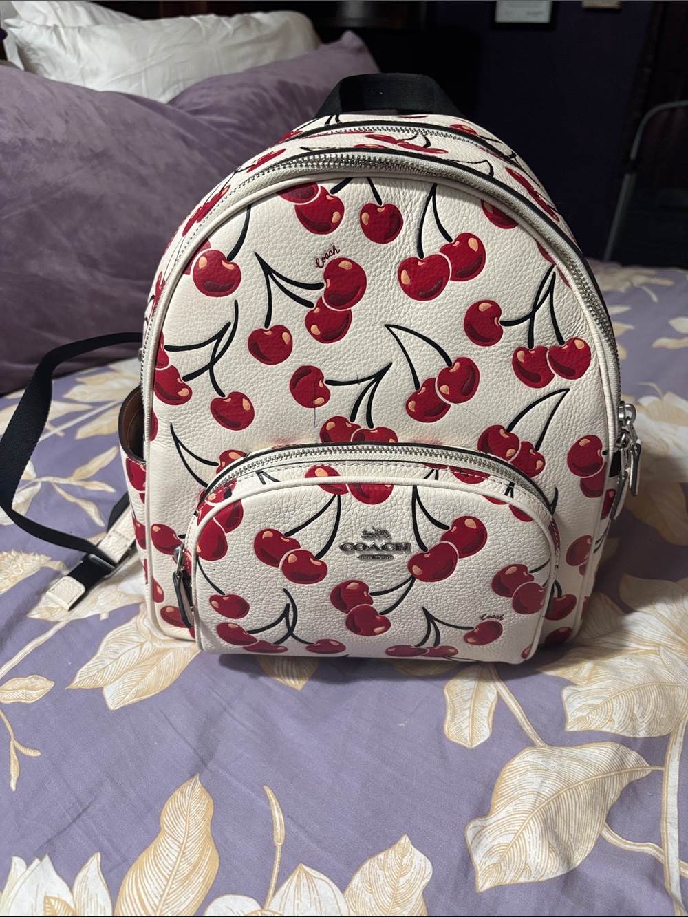 Coach White Mini Backpack with Red Cherry Print